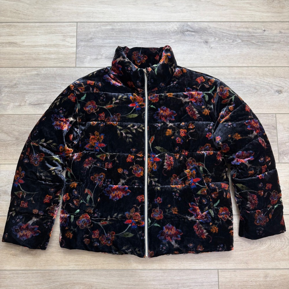 Jade Johnny Was Taryn‎ Velvet Black Floral Quilted Puffer Jacket Zip Front Large